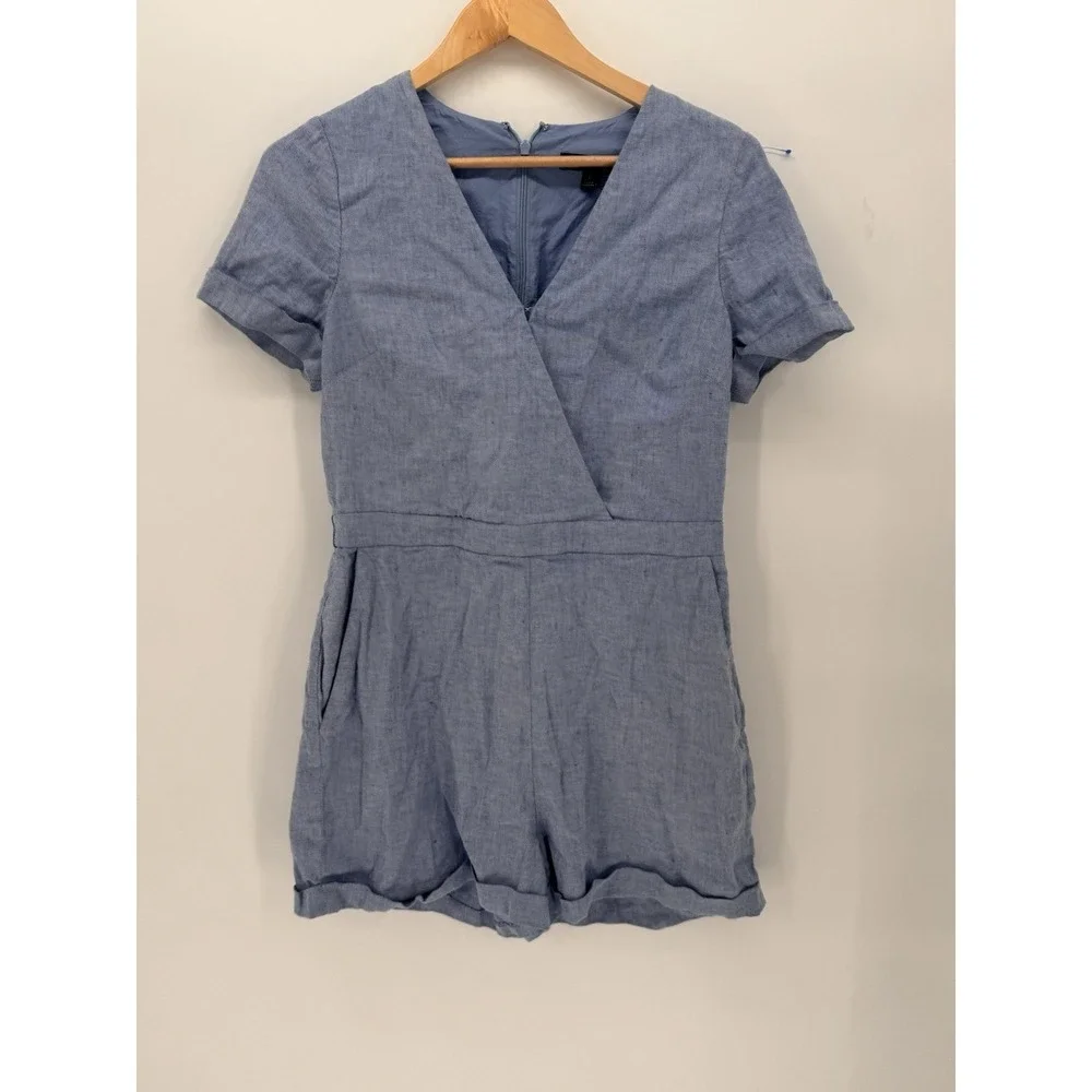 Banana‎ Republic Romper Women's 8 Blue Linen Blend Short Sleeve One-Piece Boho